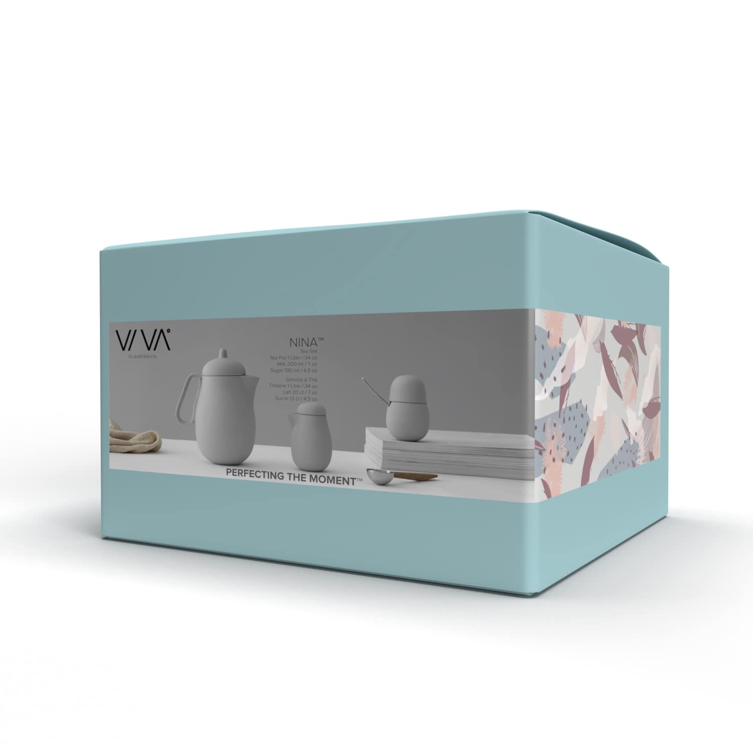 Viva Scandinavia Tee-Set Porzellan 3-teilig bestehend aus Designer Teekannne, Milchkännchen und Zuckerdose mit Löffel aus Edelstahl, Matt Sand Grau