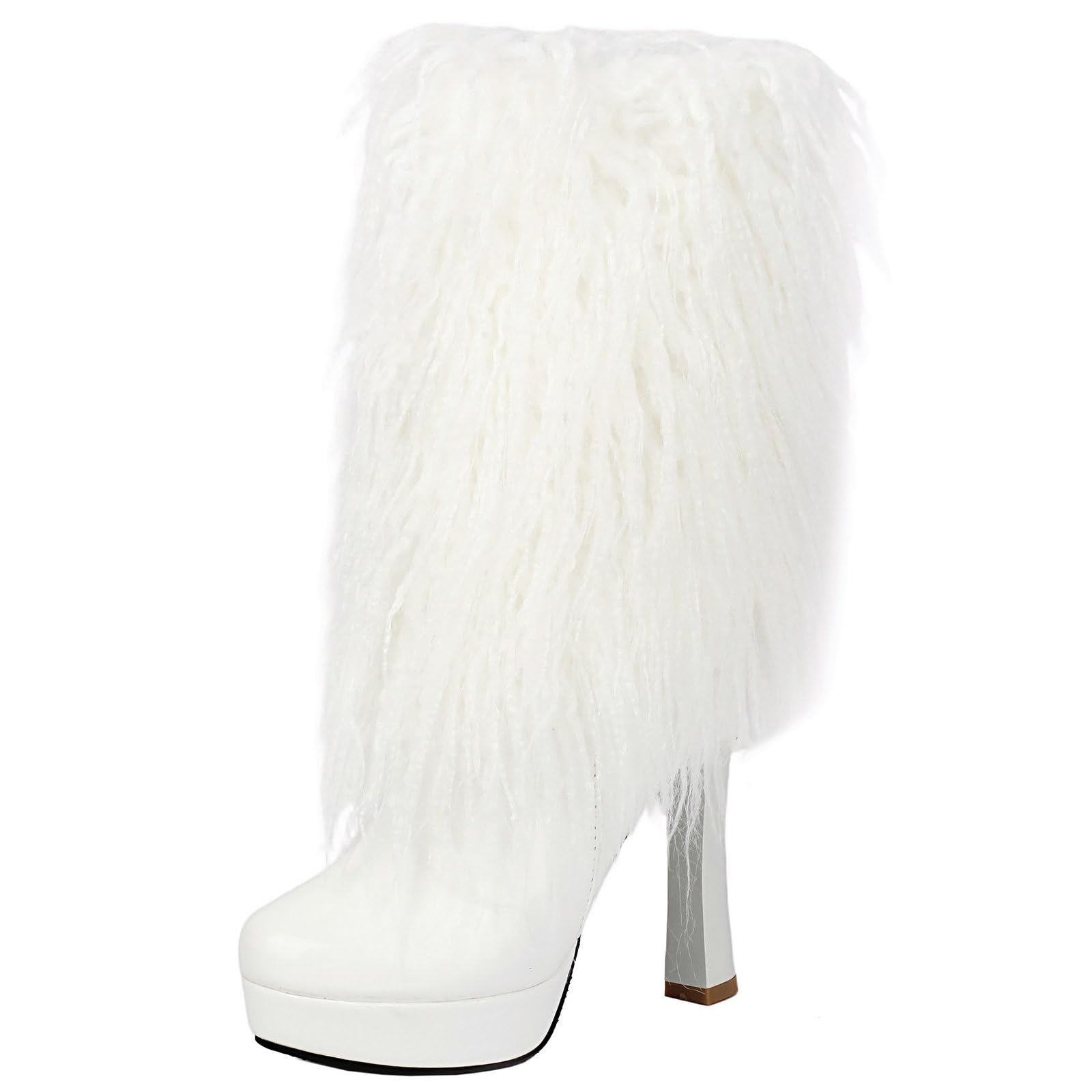 DINTAHA Faux Fur Heel Boots Platform Mid Calf Winter Boots Furry Platform Boots
