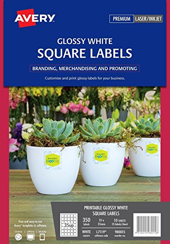 Avery Australia Glossy White Square Labels - Printable Product Stickers - Self Adhesive Sheets for Laser & Inkjet Printers - 35 x 35 mm 10 x A4 Sheets - 980015/ L7119