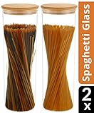 2 Stück Spaghetti Vorratsgläser mit Bambusdeckel und 2 Dichtungen aus Silikon. Glasbehälter Volumen: ca. 1,9 Liter - Höhe: 31cm - Durchmesser: 10cm