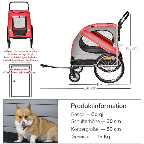 PawHut 2-in-1 Hundeanhänger & Hundebuggy, Hundefahrradanhänger Fahrradanhänger, Hundewagen mit Reflektoren für Mittelgroße Hunde bis 20 kg, Oxford-Gewebe, Rot
