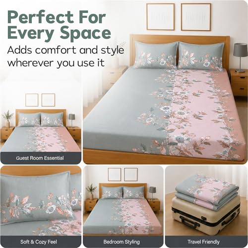 Image of DECORUM Glace Cotton Fitted 1 Bedsheet King Size (72 inchx78 inch) | All Around Elastic | Cotton Feel | 2 Pillow Covers (17 inchx27 inch) | Fits Up to 8 inch Mattress | 200-220 TC | Printed Double Bed Sheet Set