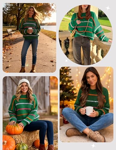 Image of QIBABU Womens Striped Sweaters Casual Lantern Sleeve Color Block Knit Pullover Sweater Tops