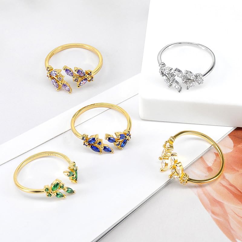 Gold Rings Non Tarnish Silver Adjustable Rings for Women Cubic Zirconia Leaf Ring Dainty Silver Stackable Ring for Women - Image 8