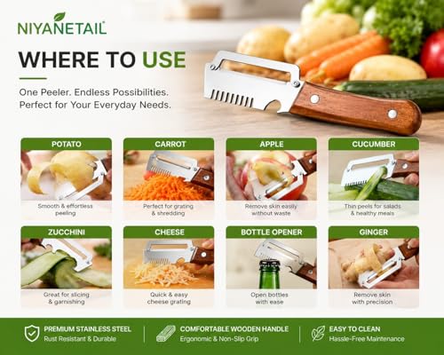 Image of 1 Pack Multifunctional Vegetable Peeler for Kitchen 3 in 1 Stainless Steel Fruit & Vegetable Peeler with Wooden Handle, Built-in Grater & Bottle Opener for Potato, Carrot, Apple & Cucumber