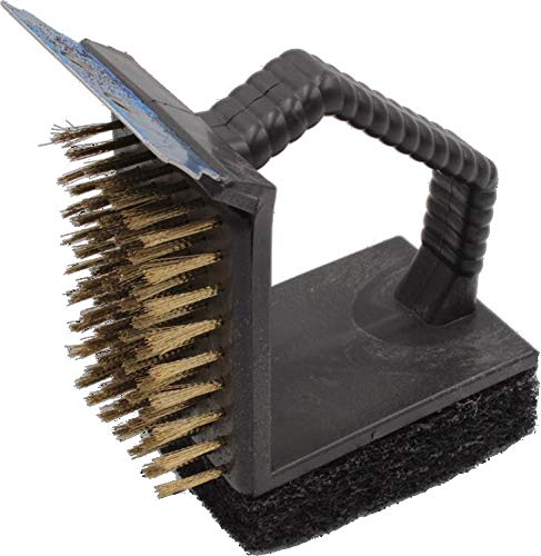 ZELTLER.de OUTDOOR - CAMPING - BEDARF 3 in 1 Grillreiniger - Drahtbüsrte + Schaber + Schwamm - stabile Grillrostbürste