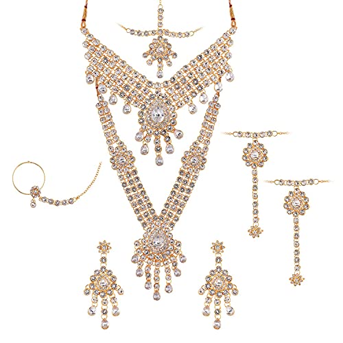 Efulgenz Indian Bollywood Bridal Wedding Rhinestone Crystal Choker Necklace Earring Maang Tikka Head Chain Nose Ring Bracelet Jewelry Set