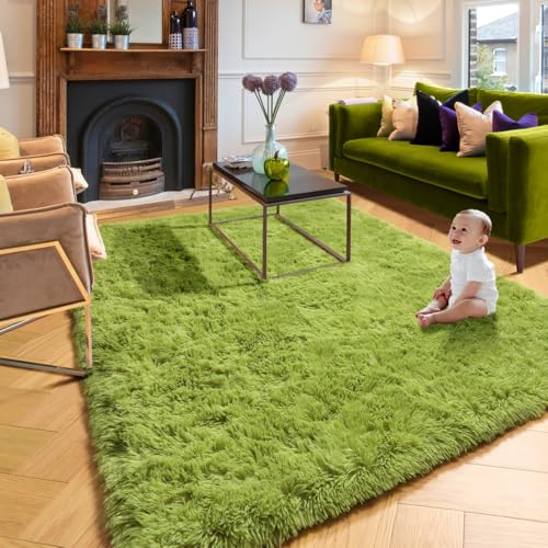 Grass Green Area Rugs for Bedroom, Fluffy Shag Plush Rug 5x7 for Kids Room Living Room Baby Nursery Decor Aesthetic, Cute Fuzzy Floor Furry Cool Shaggy Fuzzy Moss Carpet for Dorm Classroom Playroom