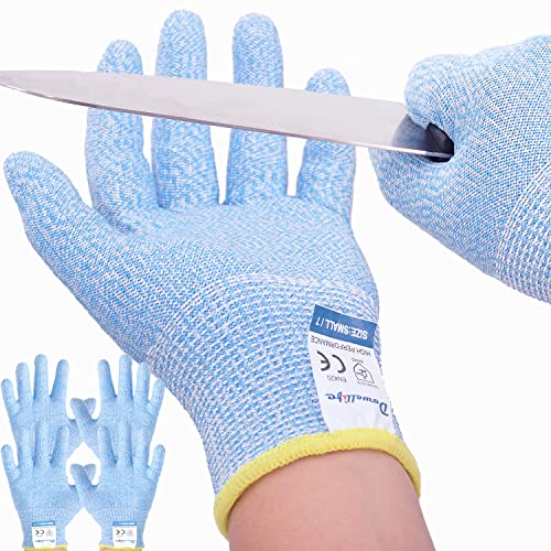Dowellife 3 Pairs Cut Resistant Gloves Food Grade Level 5 Protection, Safety Kitchen Cuts Gloves for Mandolin Slicing, Fish Fillet Processing, Oyster Shucking, Meat Cutting and Wood Carving (Sky Blue, Large)