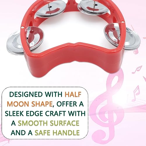 Pack of 2 Plastic Percussion Handheld Tambourines with 4 Jingle Bells, Red Mini Hand Bell Percussion, Musical Rhythm Instruments for Kids, Adults, School and Party - Image 6