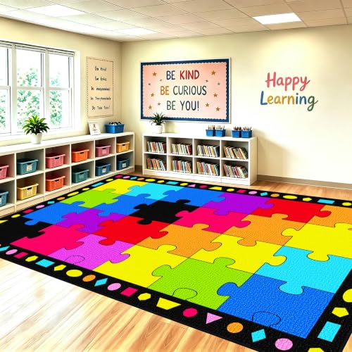 Image of Booooom Jackson Colorful Rainbow Classroom Rug - 7'6 inch x 13'1 inch Large Carpet with 24 Spots for Preschool, Elementary, Daycare - Non-Slip Backing, Seating Squares for Circle Time & Reading
