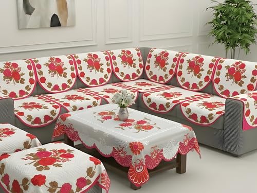 Image of Fab Nation Sofa Cover L Shape 5 Seater with Corner L Type Sofa Set for Living Room | Cotton Sofa Slipcovers for 3 + 2 Seaters Cover with 2 Arms + 2 Setty Covers + 1 Table Cover | Pink Rose
