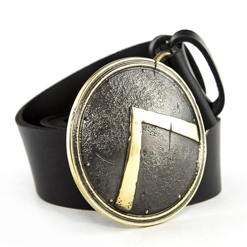 Leather belt with belt buckle Spartan shield, Handmade Aspis shield solid brass belt buckle on leather belt for men and women - Main Image