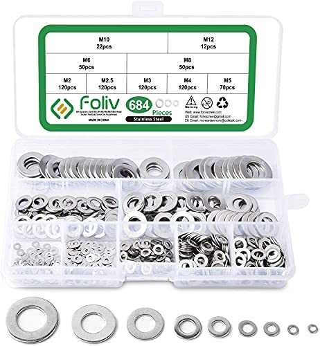 Unterlegscheiben Set Edelstahl, Foliv 684pcs Flach Unterlegscheiben, Sicherungsscheiben Sortiment Set Washers mit Sortimentskasten.Insgesamt 9 Verschiedene Größen (M2 M2.5 M3 M4 M5 M6 M8 M10 M12) Cover
