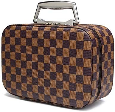 Travel Makeup Bag with Mirror Premium Vegan Designer Make Up Bag Organizer Train Case for Women PU Vegan Leather Cosmetic toiletry Travel bag (Brown)