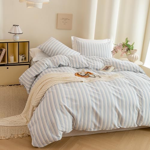 Image of ECOCOTT Striped Duvet Cover King Size -100% Washed Cotton Linen Like Textured Breathable Durable Soft Comfy Bedding Set with Zipper Closure & Corner Ties