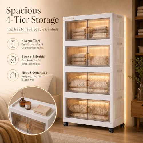 Image of KRISHYAM Modular Plastic Storage Cabinet with Translucent Doors & Wheels | Multi-Tier Clothes & Utility Organizer | Dustproof Freestanding Wardrobe (4 Layer - 4 Transparent Door (White))