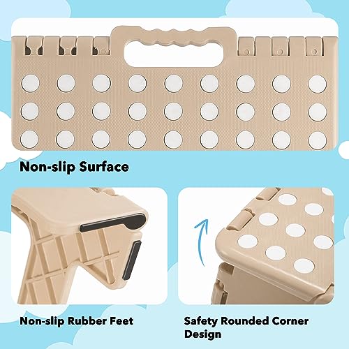 Image of ACKO Folding Step Stool 9 Inch 300 lb Capacity, Plastic Foldable Step Stools for Kids and Adults, Folding Stools Suitable for Kitchen, Stepping Stool with Handle Khaki 1PC