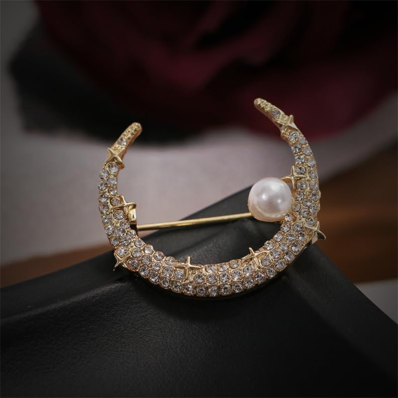 Image of ROFARSO Moon Brooch Pins for Women Crescent Fashion Jewelry with Rhinestone Crystal & Freshwater Pearl, Accessory for Party Wedding Gift, Gift for Women Girl