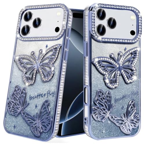 Image of VONZEE Electroplated Butterfly Case Compatible with iPhone 17 Pro, Pearlescent Diamond Sparkle Soft TPU Cover, Shockproof Drop Protection, Camera Lens Guard Stylish Phone Case for Women & Girls