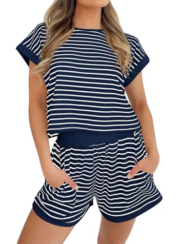 Image of Tankaneo Womens Summer 2 Piece Sets Striped Short Sleeve T Shirts and Shorts Loungewear Matching Set