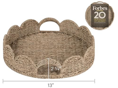 Image of StorageWorks Round Wicker Scalloped Tray, Rattan Serving Trays with Handles, Seagrass Basket for Decorative & Organizing, 13 inch L x 13 inch W x 2.75 inch H