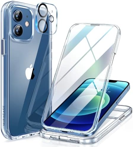 Miracase Glass Case for iPhone 12/12 Pro 6.1 inch, Upgraded Full-Body Rugged Phone Bumper Case Cover with Built-in 9H Tempered Glass Screen Protector and Camera Protector, Clear