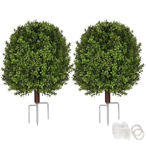 Artificial Boxwood Topiary Trees for Outdoors, Faux Plants Set of 2, UV Resistant Artificial Plants...