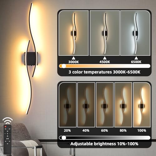 Image of Battery Operated Wall Sconces Set Of Two, 3000K-6500K 39.4 inch black LED dimmable wireless wall sconce with remote control, USB rechargeable wall lights for Living Room Bedroom Hallway Background