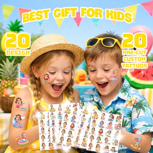 Image of Custom Summer Temporary Tattoos for Kids, Set of 20 | Personalized Pre-Cut Face Photo, Birthday Party Favors, Boys Girls, Summer Vacation
