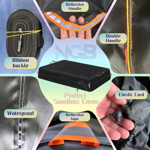 Image of Kids Sandbox Cover for Naturally Playful Sandbox II,Made of 600D Waterproof Oxford Cloth, Reflective Carry Handle with Two Warning Signs and 4.6 Meters Long Mesh Grommets.(51 inch L x 32 inch W x 13 inch H)