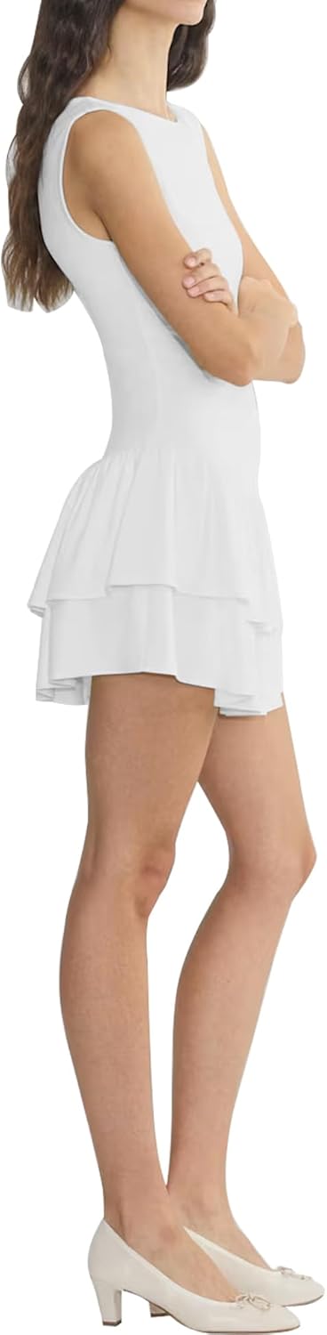 LuFeng Women's Summer Sleeveless Crew Neck Tiered Ruffle Mini Dress Flowy Pleated Cocktail Short Tank Top Dress - Image 5