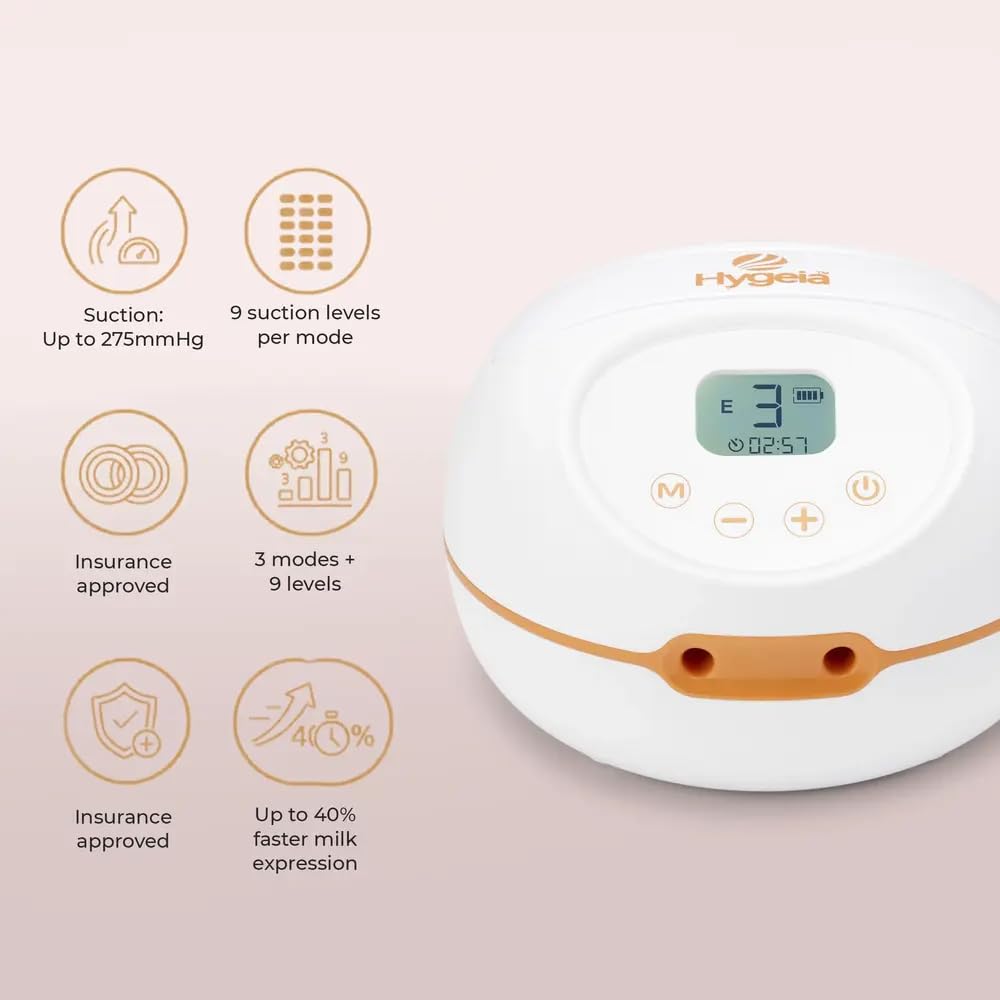 Hygeia Tiralatte elettrico Express – Forza di grado ospedaliero, indossabile a mani libere, portatile e ricaricabile con adattatore AC, include coppe da 27 mm e inserti da 24 mm