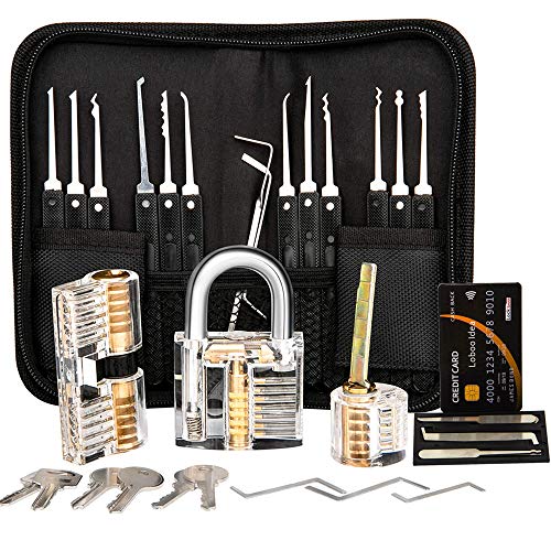 Loboo Idea - Set di grimaldelli, 17 pezzi, carta di credito, set da 5 grimaldelli, 3 lucchetti trasparenti, ottimo kit per fabbri principianti