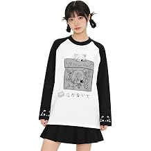 Women's Harajuku Kawaii Anime Graphic Long Sleeve T-Shirt Y2k Cute Cartoon Raglan Oversized Aesthetic Casual Top