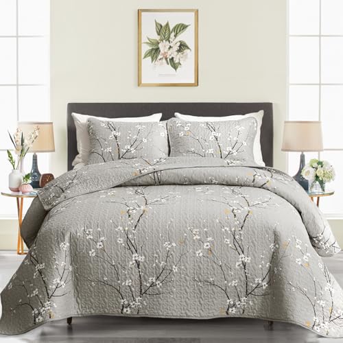 3 Pieces Quilt Set Queen Full Size 88x88 Gray Branch with White Orange...