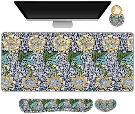 DINKY Large Mouse Pad and Keyboard Wrist Rest Set, Extended Mouse Pad with Wrist Support, Non-Slip Desk Mat Protector Desk Blotter for Keyboard and Mouse, Floral Art