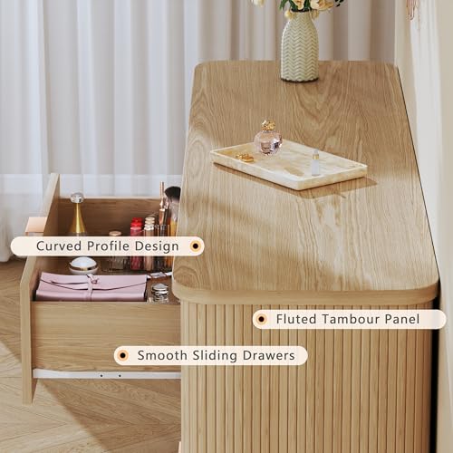 Image of HUAHUU Fluted 9 Drawers Dresser, 60 inch Mid Century Modern & Chests of Drawers, Curved Profile Design, Dresser TV Stand, for Entryway, Hallway, Bedroom, Oak