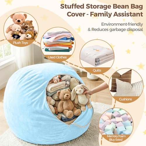 Image of Stuffed Animal Storage Bean Bag Chair Cover for Adults (No Filler), Soft Comfy Velvet Beanbag Chair Cover Machine Washable, Adults Bean Bag Chair with Handle for Living Room Bedroom,Light Blue