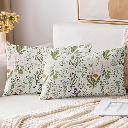 XPHZZL Cushion Covers Set of 2 Pack 30 x 50 cm - Soft Sage Green Wild Flower Plant Rectangle Cushion Covers for Sofa Bed Garden Outdoor Spring Decor Flower Plant with Invisible Zipper 12 x 20 Inch