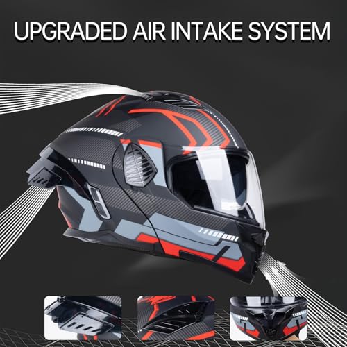 AceRide Full Face Modular Motorcycle Helmets Dual Visor Flip up DOT Approved Racing Street Bike Motocross Helmet for Adults (Matt Black/Red, X-Large) - Thumbnail 6