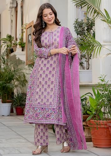 Image of Amayra Women's Pure Cotton Straight Kurta Set with Palazzo Pants & Dupatta|Ethnic wear|Kurta Set for Women
