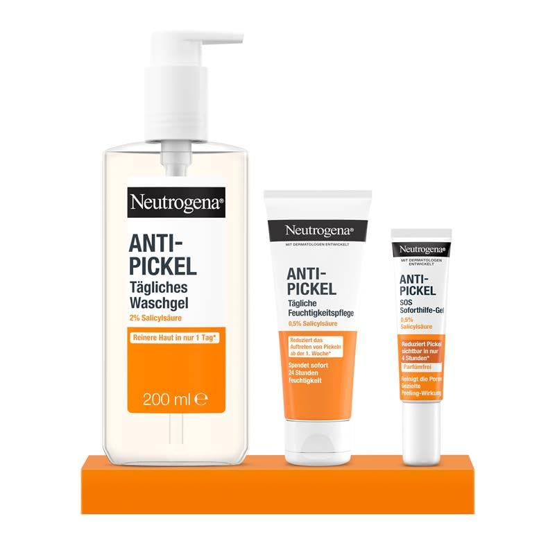 Neutrogena Anti-Pickel Set Tägliches Waschgel, Feuchtigkeitspflege & SOS Soforthilfe-Gel mit Salicylsäure bei unreiner Haut. Pflegeset für unreine Haut für die skincare Routine