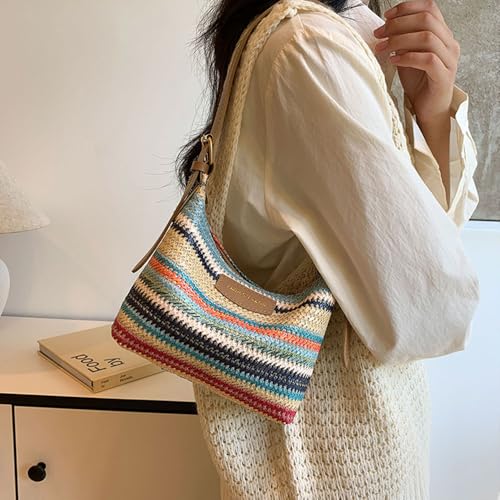 Image of Gogobear Women's Woven Beach Shoulder Handbag Colorful Straw Tote Bag | Summer Vacation Crossbody Bag, Lightweight Fashionable Tote Shoulder Handbag