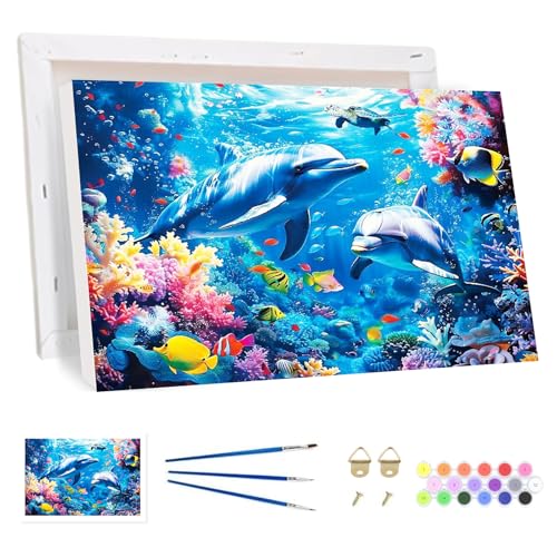 Bowetile Dauphin Peinture par Numéros pour Adultes, Kit Paysage Peinture par Numéros pour Adultes Débutants Kit, DIY Peinture Acrylique pour Décoration...