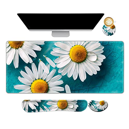 Image of ArtSo Large Gaming Mouse Pad Set, Keyboard Wrist Rest Support + Mouse Wrist Cushion + Extended Mousepad + Coaster, 35x15.5in Multifunctional Desk Mat 4pcs, Cute Daisy