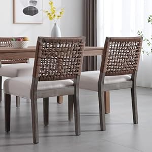 Farmhouse Dining Chairs Set of 2, Modern Linen Upholstered Kitchen Chairs with Woven Back, Solid Wood Side Host Chair for Dining Room/Living Room/Restaurant, Beige Farmhouse Dining Chairs Set of 2 Modern Linen Upholstered Kitchen Chairs with Woven Back Solid Wood Side Host Chair for Dining RoomLiving RoomRestaurant Beige
