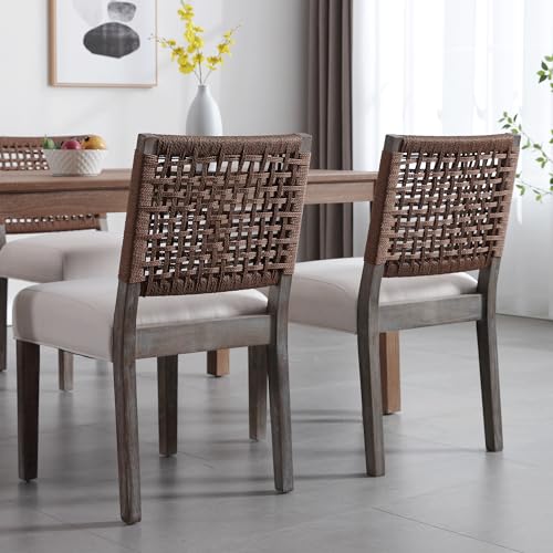 Farmhouse-Dining-Chairs-Set-of-2-Modern-Linen-Upholstered-Kitchen-Chairs-with-Woven-Back-Solid-Wood-Side-Host-Chair-for-Dining-RoomLiving-RoomRestaurant-Beige Farmhouse Dining Chairs Set of 2 Modern Linen Upholstered Kitchen Chairs with Woven Back Solid Wood Side Host Chair for Dining RoomLiving RoomRestaurant Beige