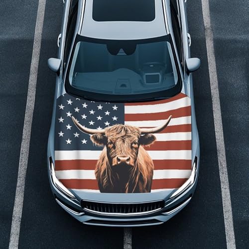 Image of Highland Cow Car Hood Cover, Car Bonnet Banner,American Flag Car Hood Cover Protector from Cats, Elastic Polyester, Stretchable, Waterproof Automotive Hood Covers
