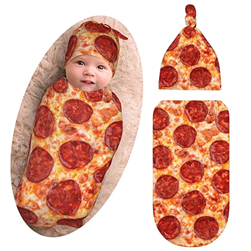 Image of Pizza Swaddle Blankets，Beanie Hat Sets Soft Baby Receiving Pizza Blanket New Born Soft Sleep Sacks for Infant Boys Girls 0-6M-7